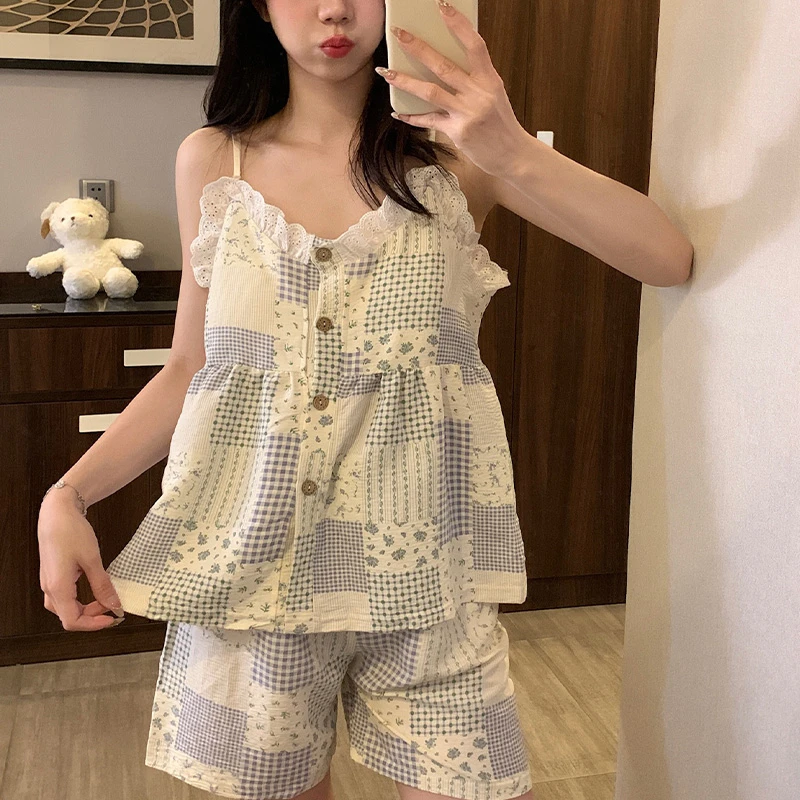 吊带睡衣女款夏季睡衣女甜美田园套装软糯云朵棉带胸垫【送发圈】