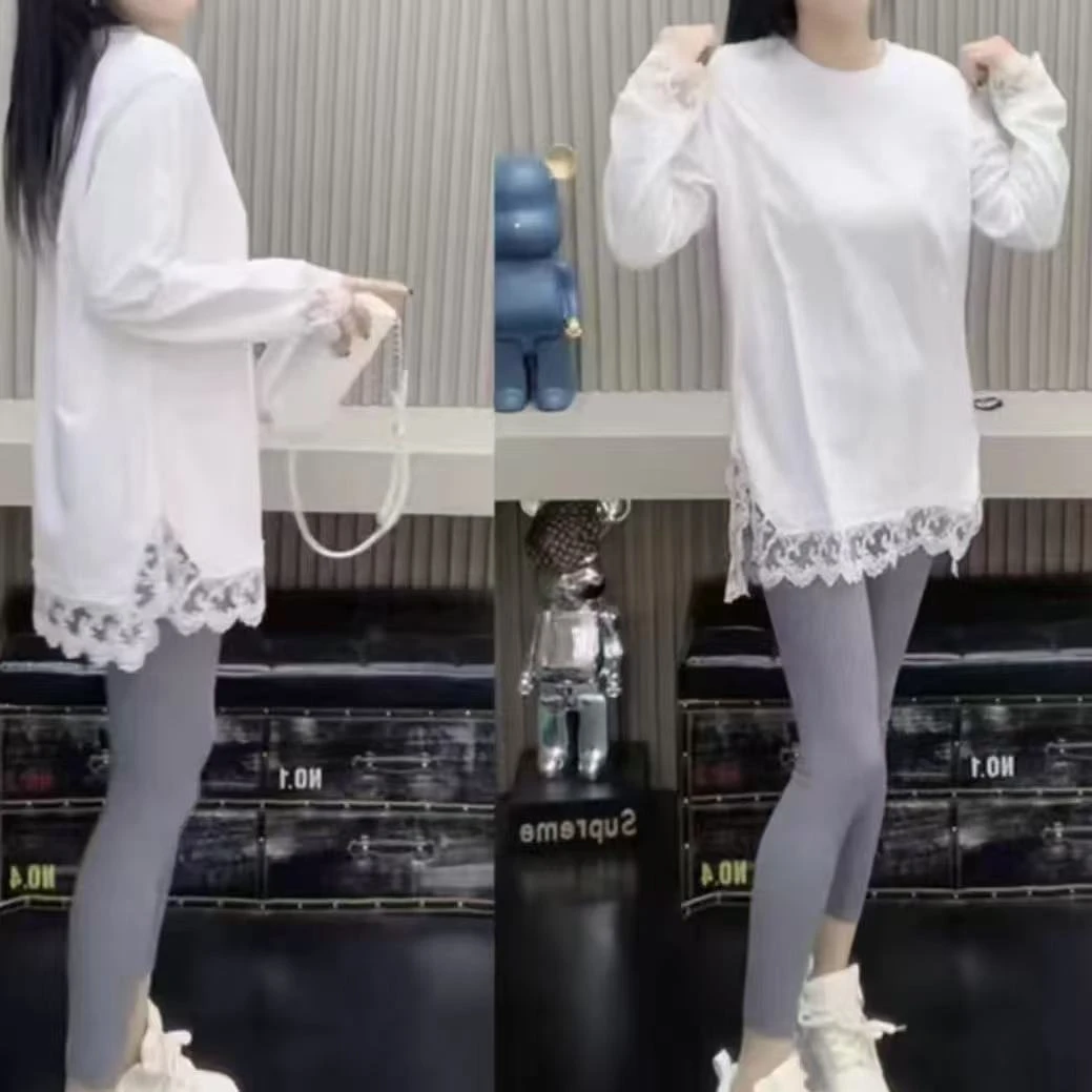 【下摆拼接蕾丝】宽松百搭圆领拼接蕾丝减龄显瘦T恤内搭打底衫上衣