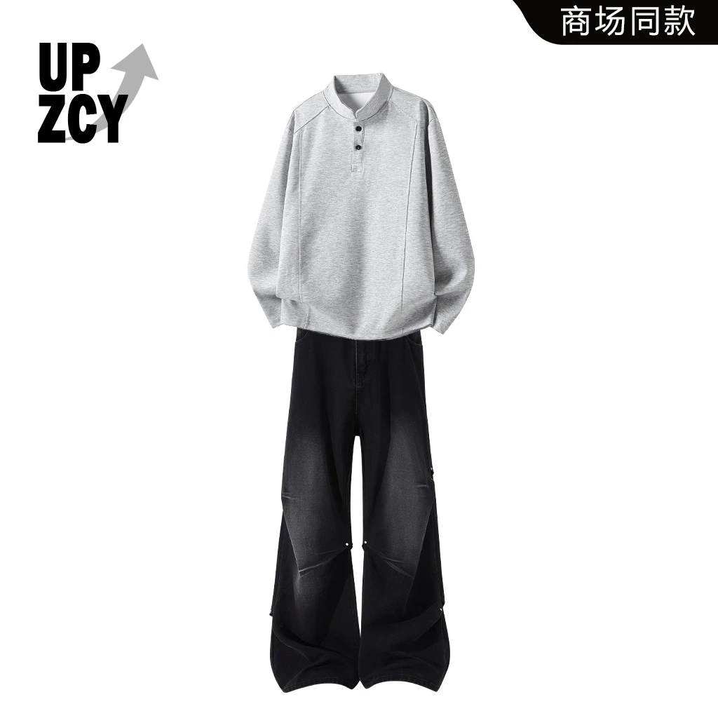UPZCY美式高街纯色卫衣两件套2025年新款水洗做旧牛仔裤男士套装