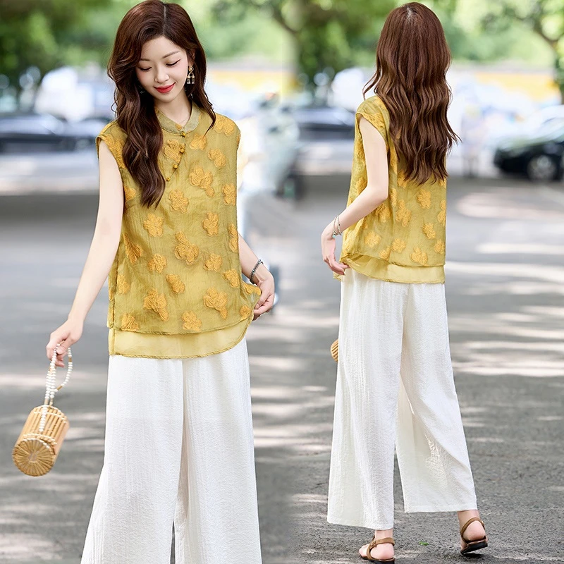 新中式国风套装女夏高级感复古印花时尚洋气减龄显瘦阔腿裤两件套