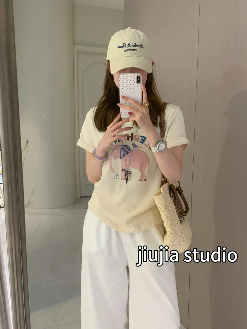 九佳 【elephant】刺绣时尚休闲小象宽松圆领纯色韩版短袖T恤