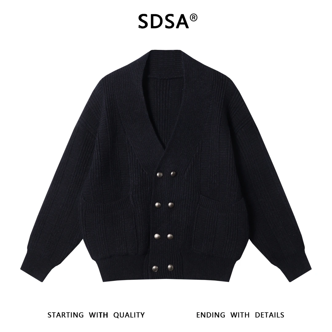 SDSA秋冬新款痞帅男装韩版简约纯色双排扣V领开衫毛衣百搭针织衫