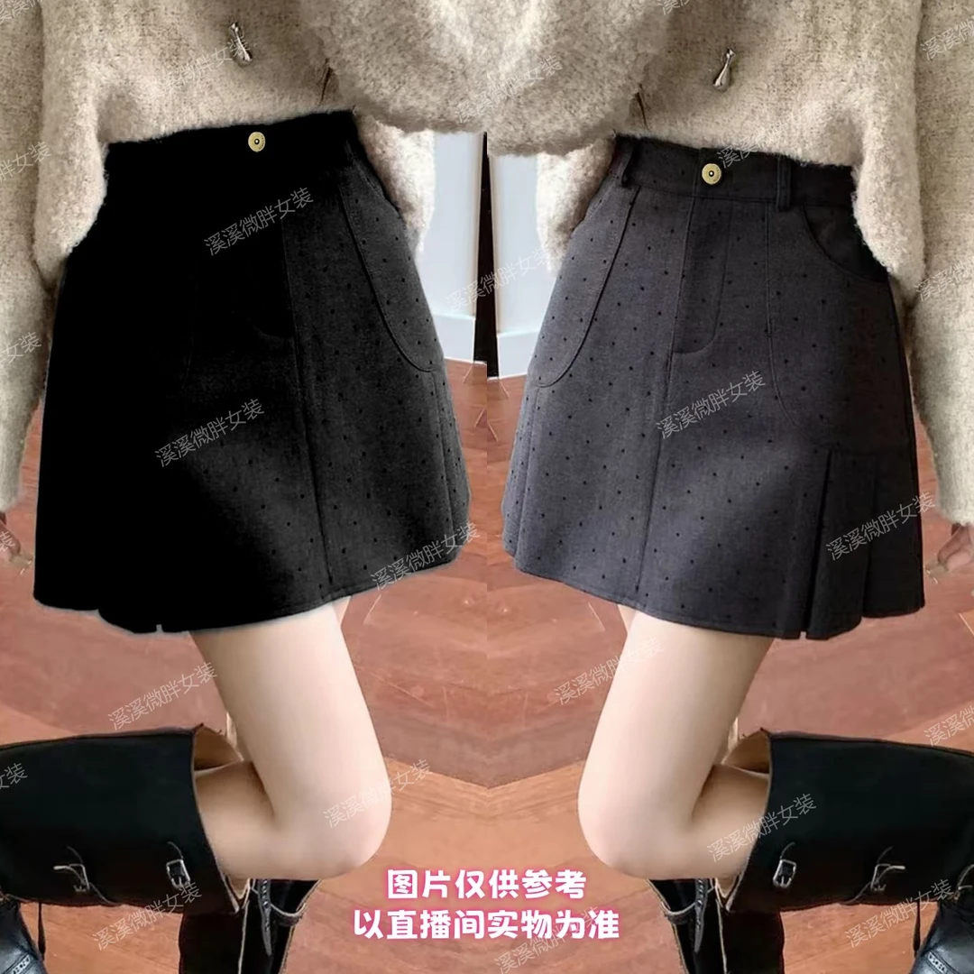 旭--秋冬点点半压褶短裙防走光女A字版遮肉大码显瘦