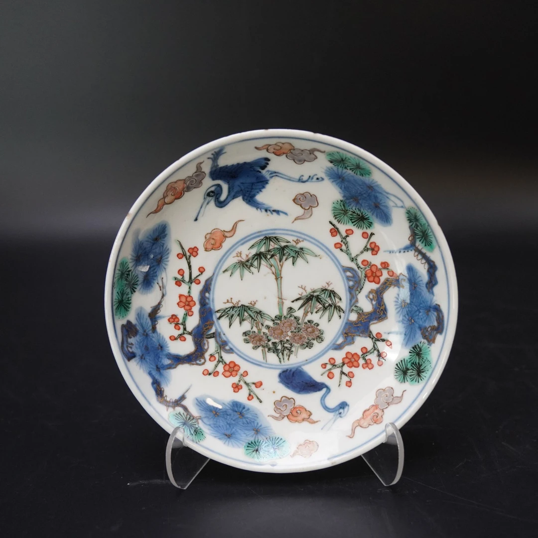 Lot.25090580明晚期青花五彩松鹤延年赏盘 直径：约15.2cm