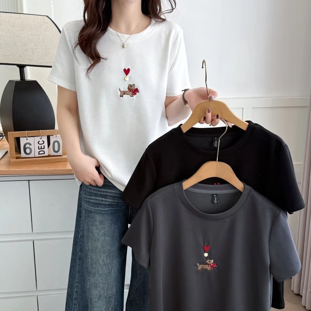卡洛町大码女装100-205斤夏季新款百搭透气爱心小狗短袖T恤5005