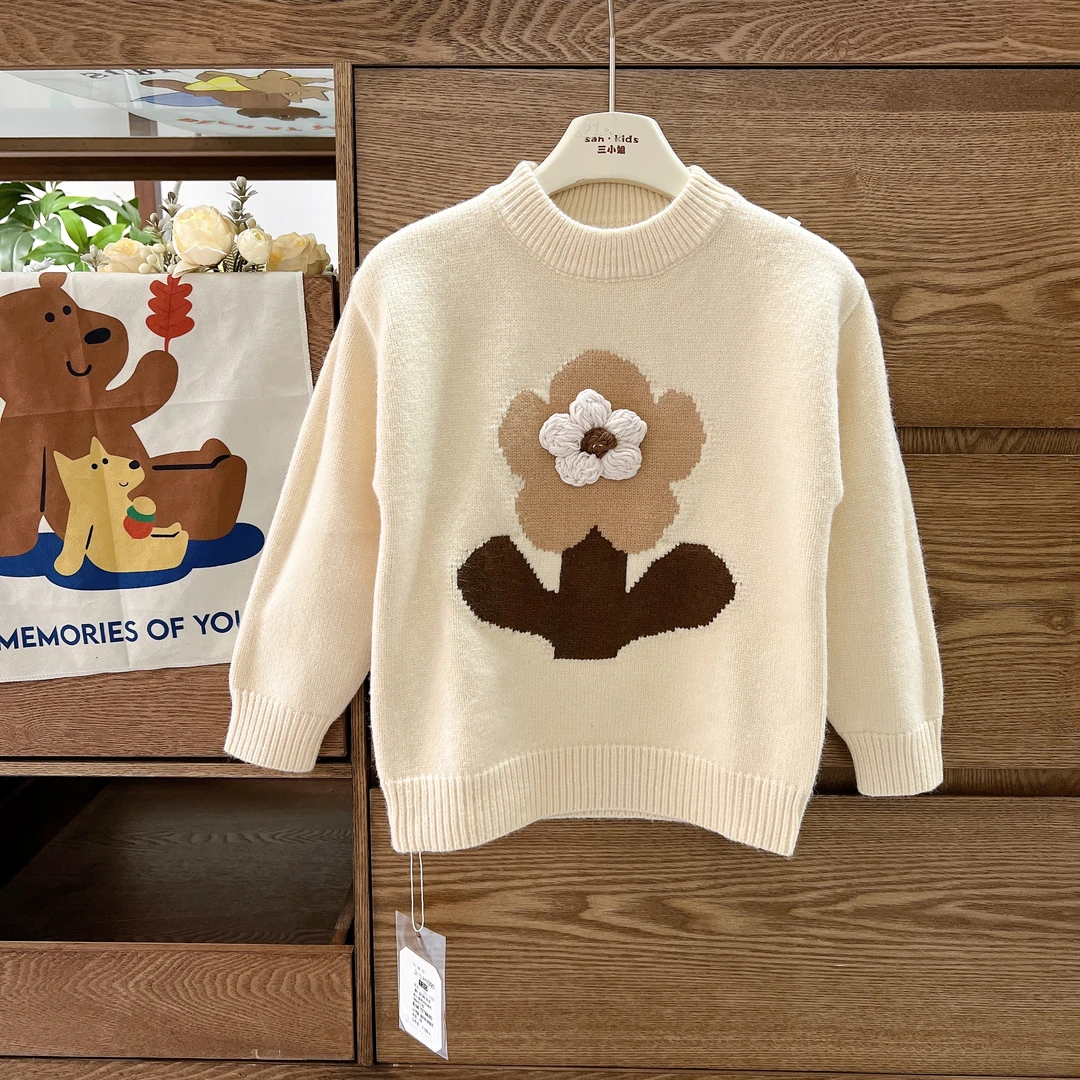 【毛衣 不加绒 厚实】1090上衣 女童洋气可爱 花朵套头毛衣