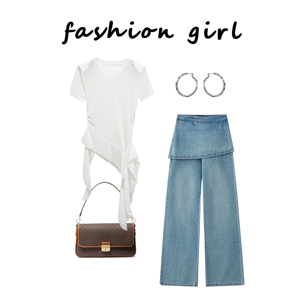 仙女风显气质小众高腰阔腿直筒裤时尚两件套裤子短袖百搭夏季女款