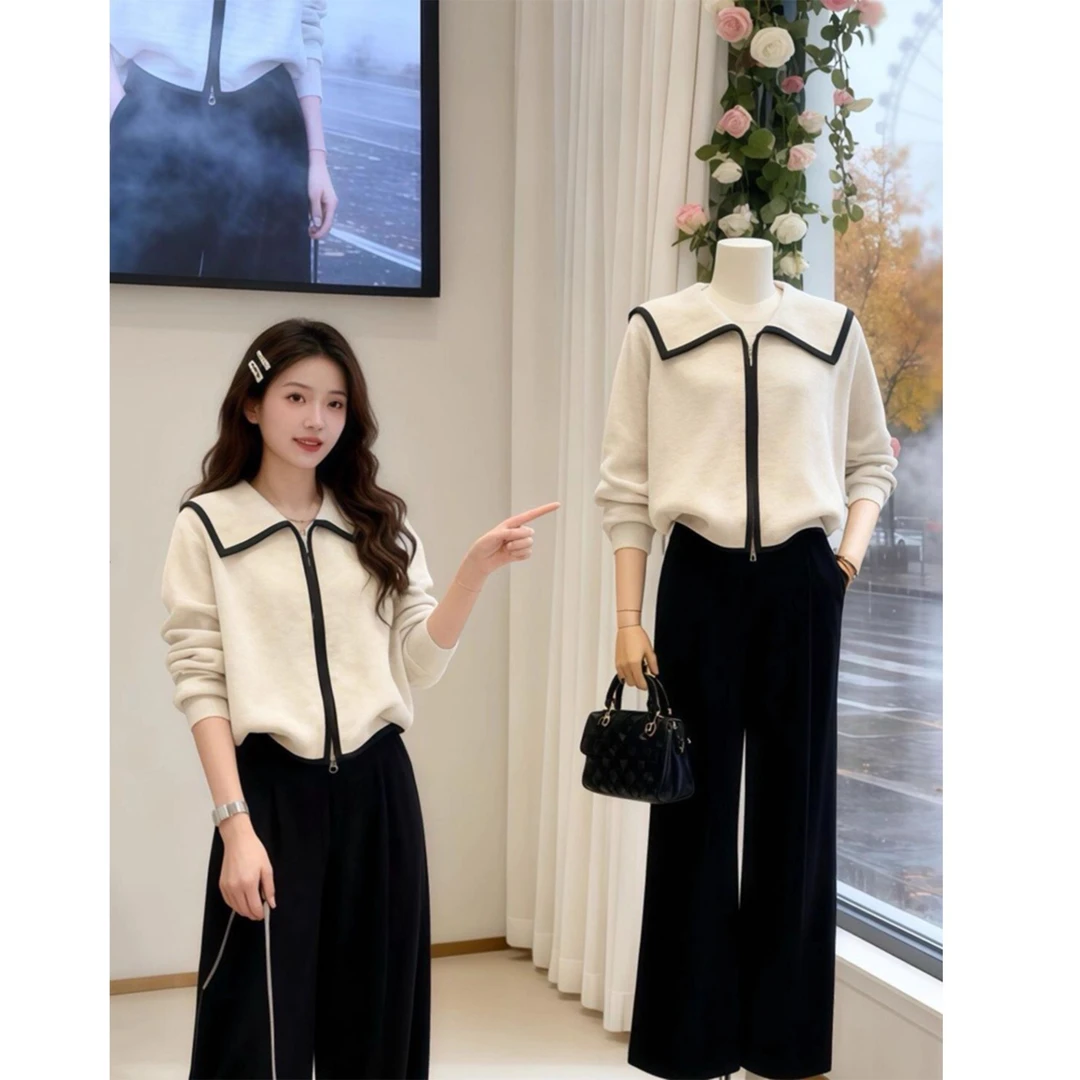 韩系海军领撞色双拉链针织衫女秋冬2025新款设计感洋气宽松毛衣潮