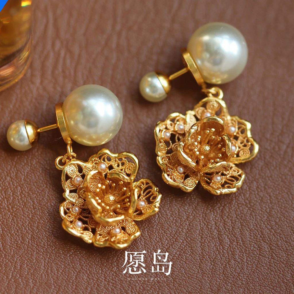 愿岛 黄铜仿珍珠耳饰 法式气质个性前后戴立体镂空花朵耳钉EH2520