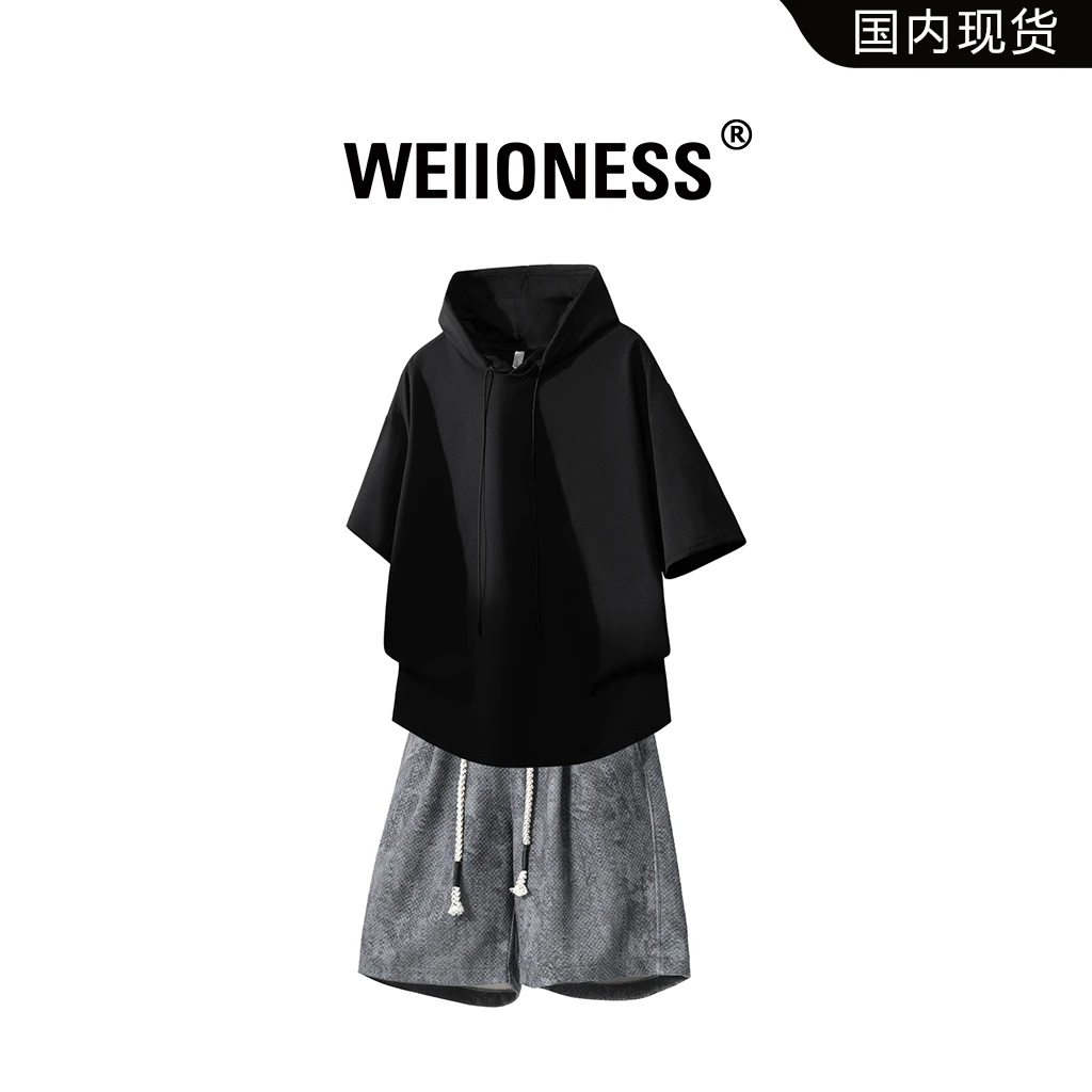 WEIIONESS潮牌连帽短袖套装男2025夏季宽松运动两件套高级感男装