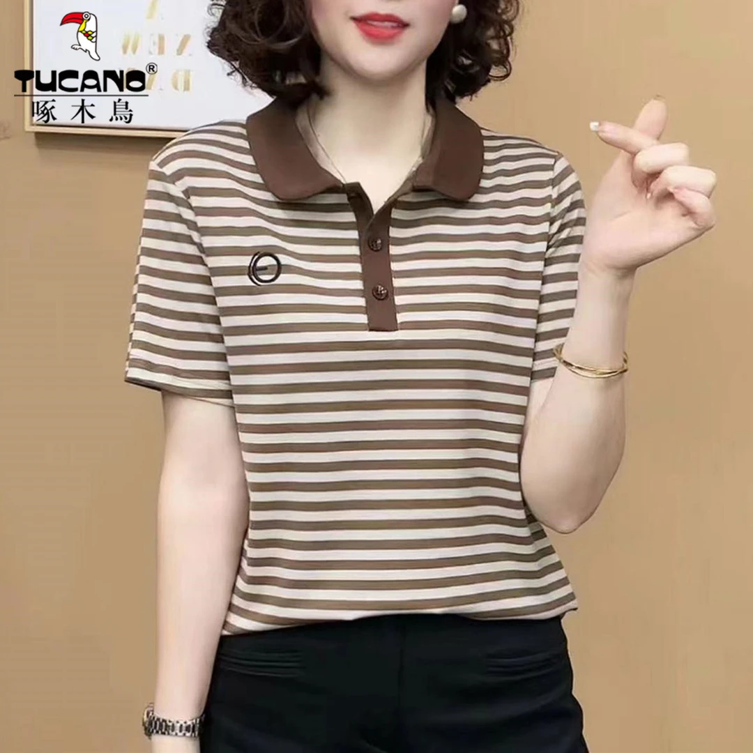 啄木鸟~夏季条纹短袖T恤女中年妈妈装宽松纯棉POLO衫洋气翻领上衣