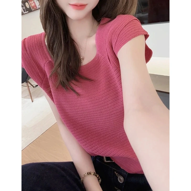 甜美减龄针织短袖女t恤特大码300斤胖mm方领小飞袖独特漂亮上衣薄