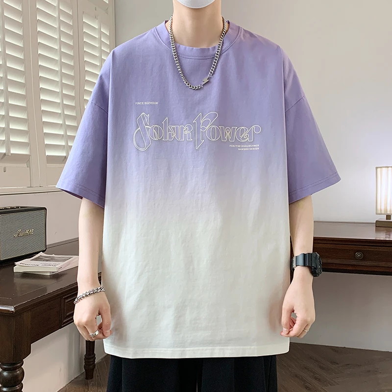 2025夏季重磅新款青少年渐变色圆领短袖潮牌宽松韩版时尚男生T恤