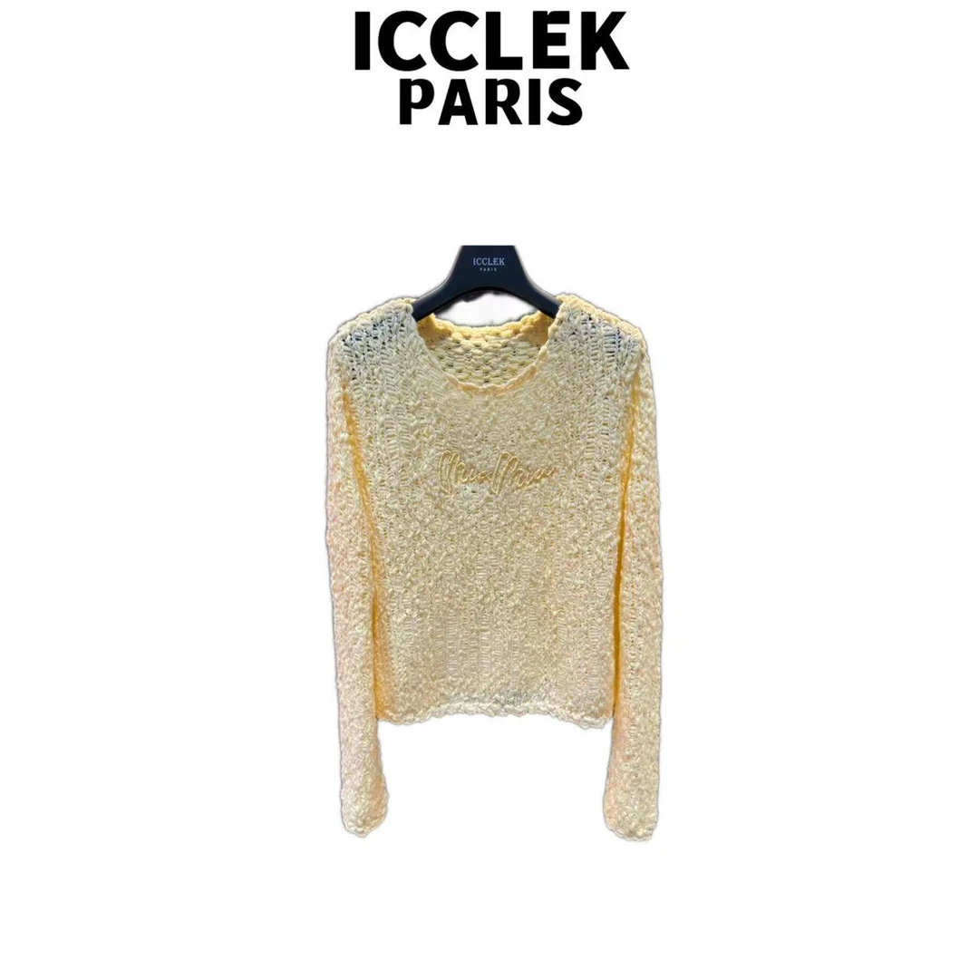 ICCLEK 黄色圆领字母气质轻奢名媛秋冬百搭简约上衣  - 9062