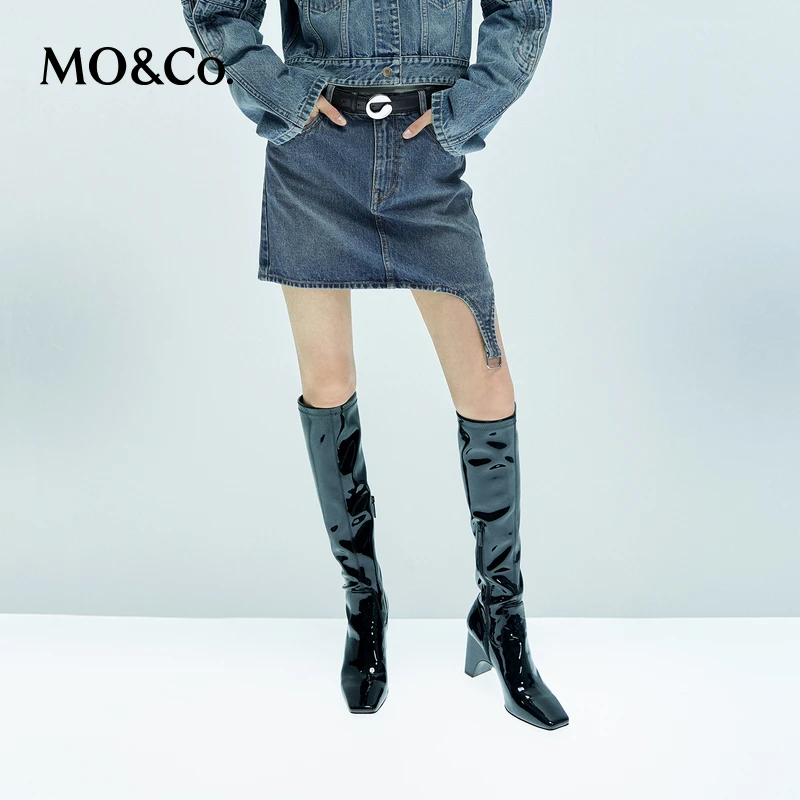 【达人专享】MOCO牛仔短裙洗磨蓝牛袢带A字高腰半身裙MBD3SKT032