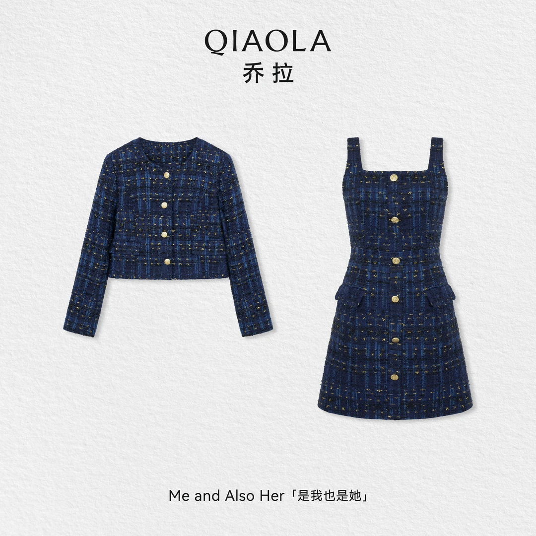 QIAOLA/乔拉【星空奇缘】秋冬丝绒气质纽扣连衣裙时尚气质短款外套