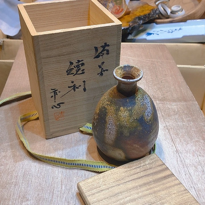 老德利老备前花器带原木盒