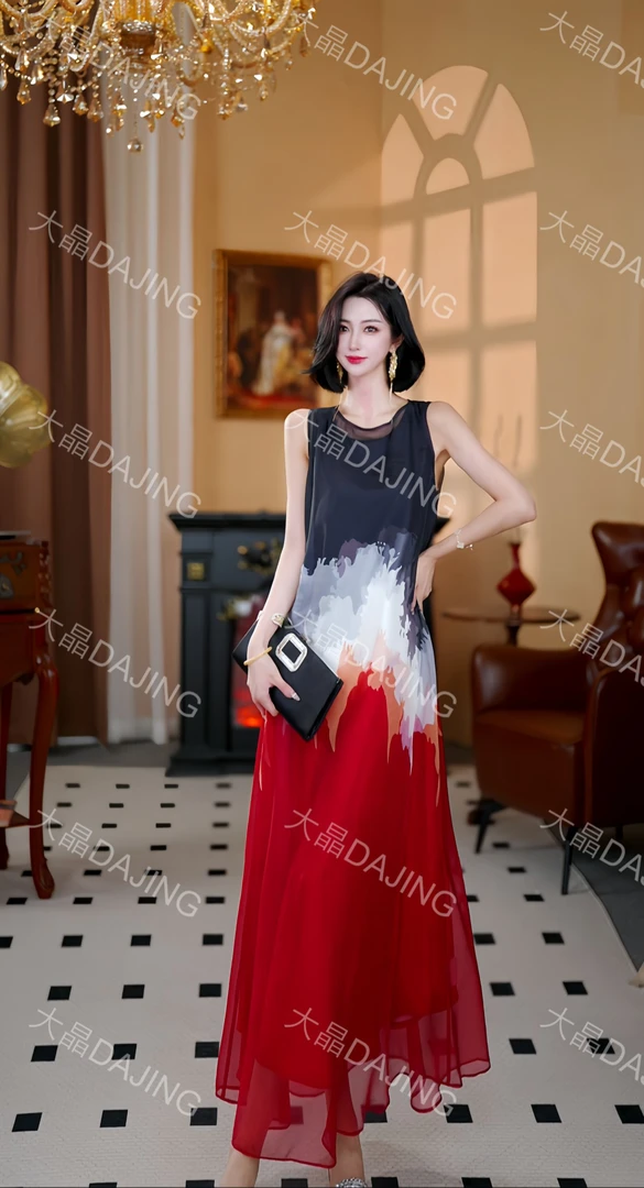 【大晶定制】夏季新款网纱无袖晕染度假风长款真两件连衣裙