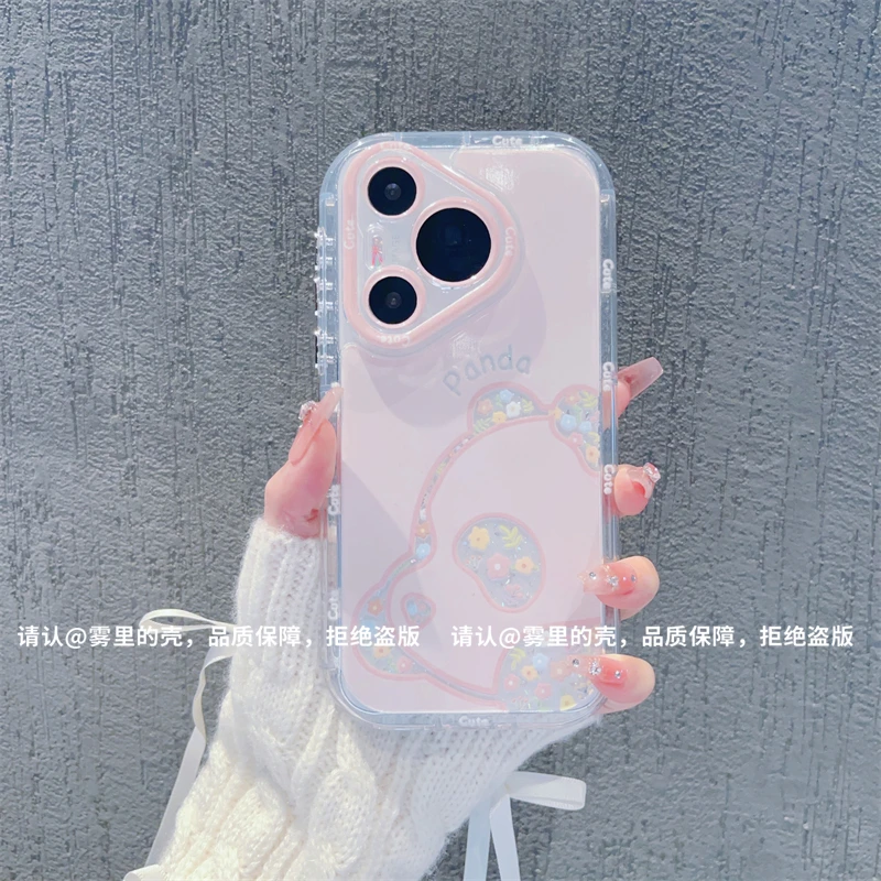 花朵熊猫羽纱手机壳适用苹果16promax新款华为vivo小米15OPPO创意