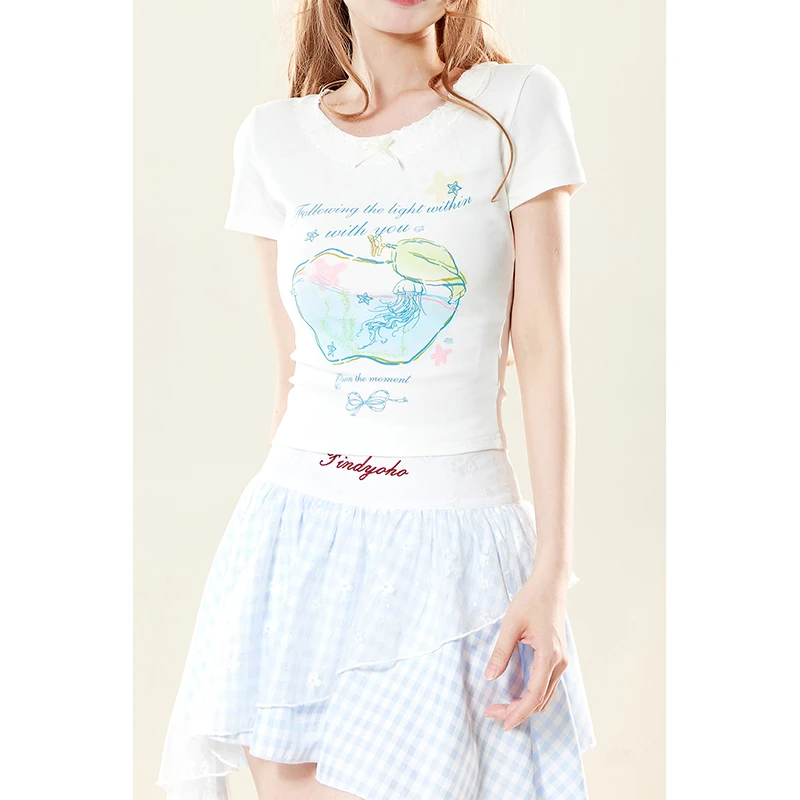 自然涩印花蕾丝圆领短袖设计感显瘦百搭T恤上衣潮春夏游出行裤子