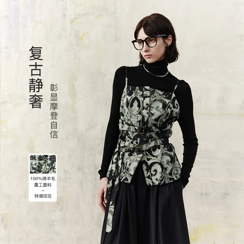 MSLAN【商场同款】春季新款重工艺印花双腰带吊带马甲MGAW108