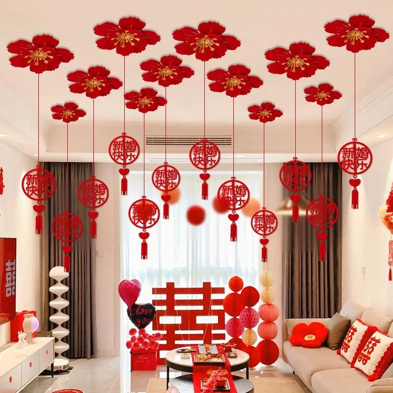 婚房喜字吊顶布置男方女方新房客厅卧室喜字扇花吊顶拉花婚礼装饰