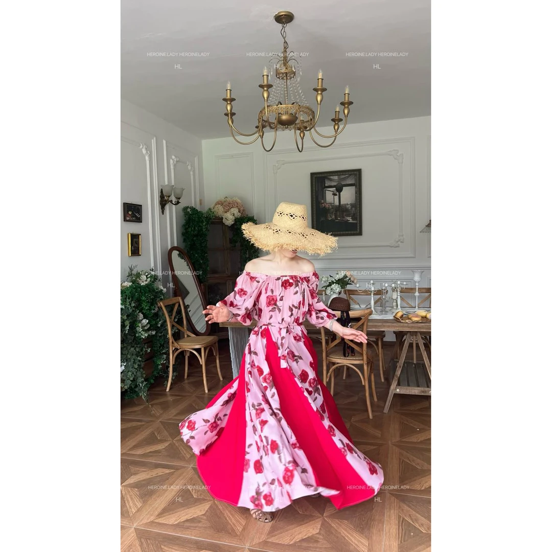 【野格冰茶】HL棉绸夏季碎花拼接格子连衣裙可一字肩法式方领大裙摆