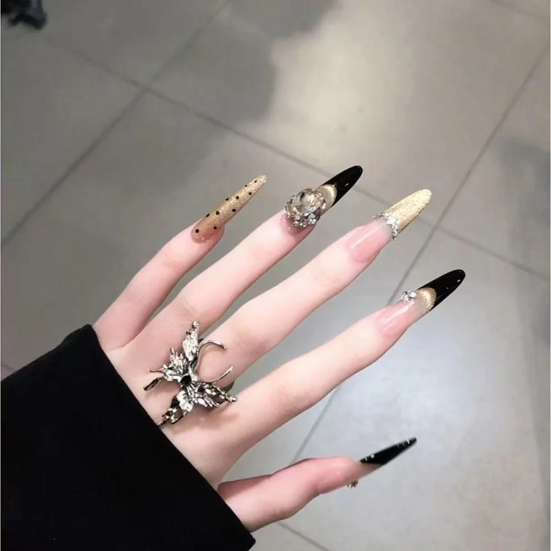 【赫拉小姐】爆闪法式千金气质黑色纯手工香槟金穿戴美甲波点高级