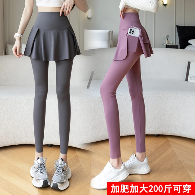 显瘦瑜伽裤群打底裤女假两件口袋鲨鱼裤运动高腰瑜伽长裤可穿大码