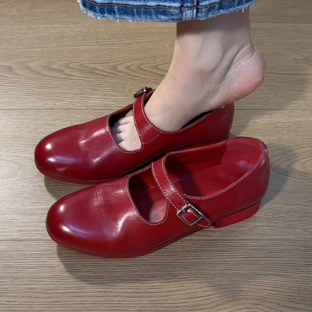 单鞋2025新款复古做旧软皮软底真皮单鞋一字扣明星同款鞋女款