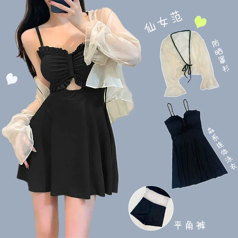 连体游泳衣女2025新款夏裙式保守网红风显瘦遮肚高级感罩衫两件套