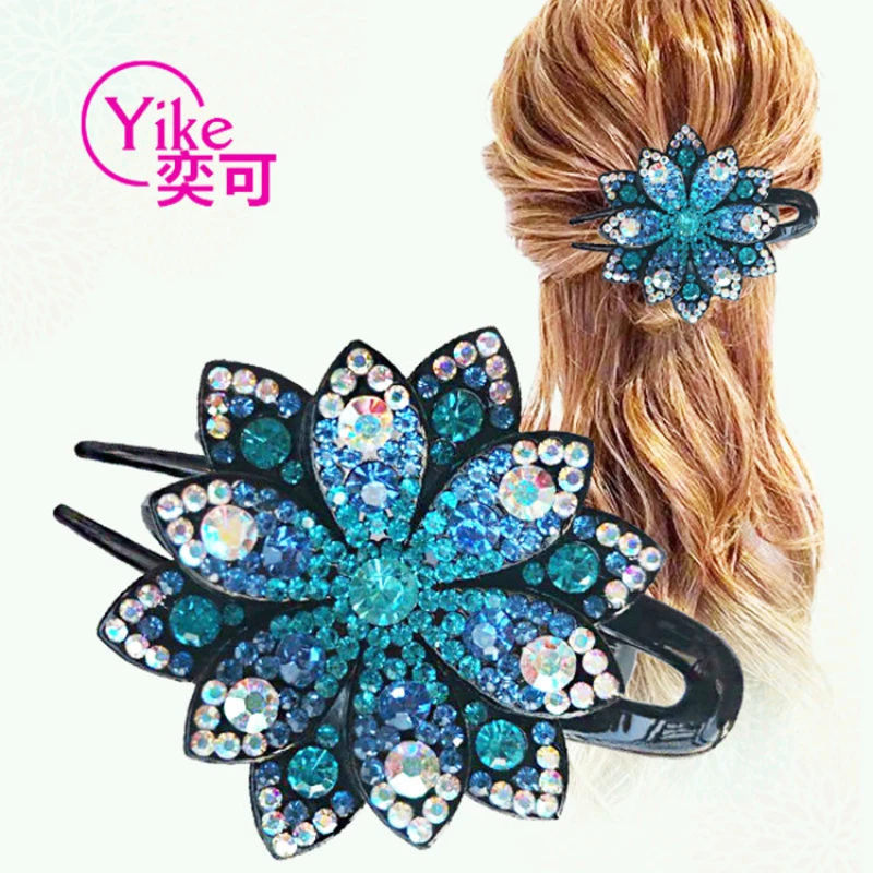 盘发神器头饰燕尾三齿夹气质盘发发夹水钻发卡双花鸭嘴夹成人发饰