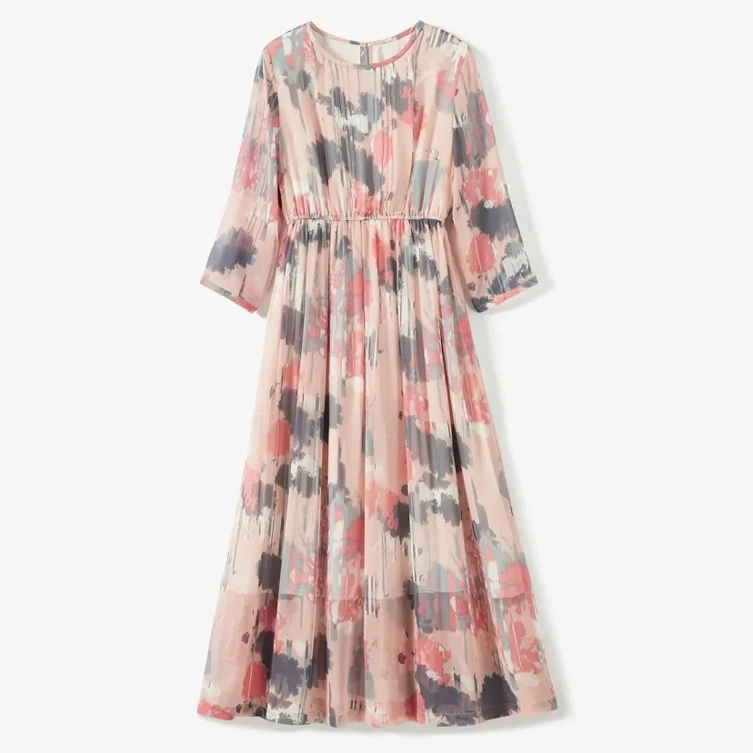 100%桑蚕丝！圆领印花真丝连衣裙七分袖中长款收腰连衣裙7765