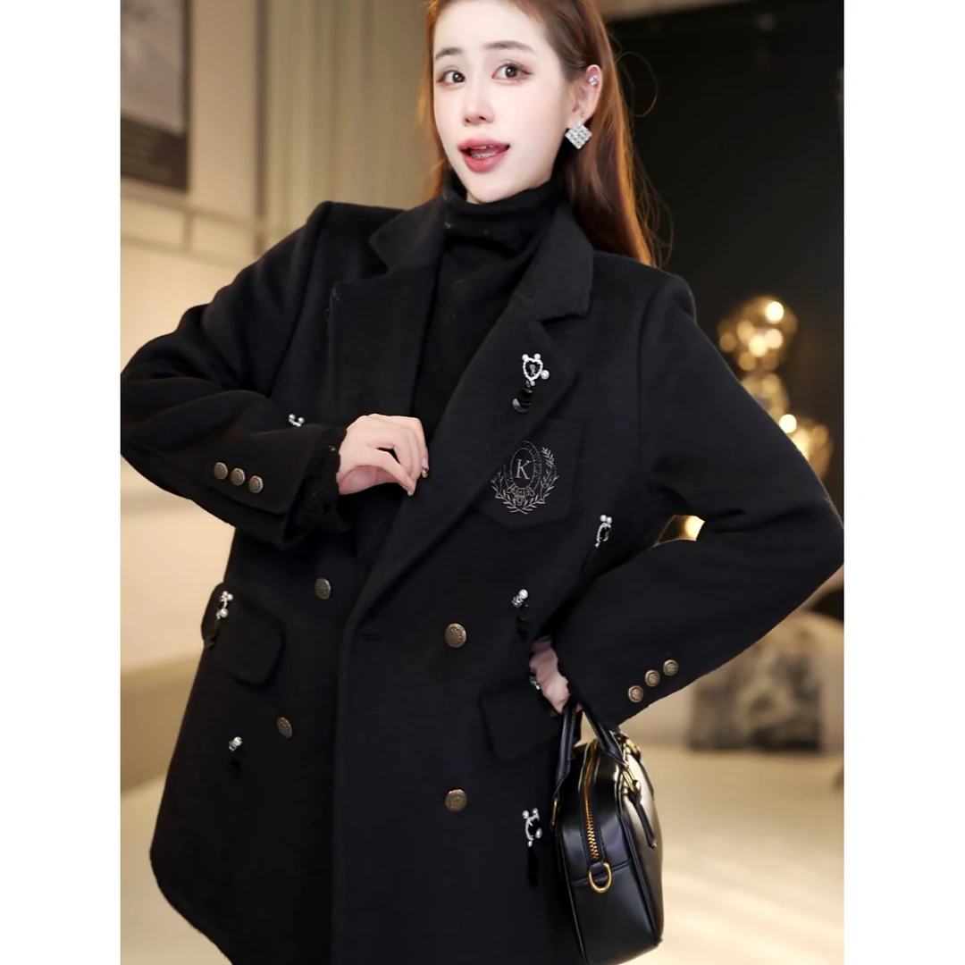 小个子黑色西装领双面羊绒呢大衣2025新款女装秋冬短款毛呢外套女