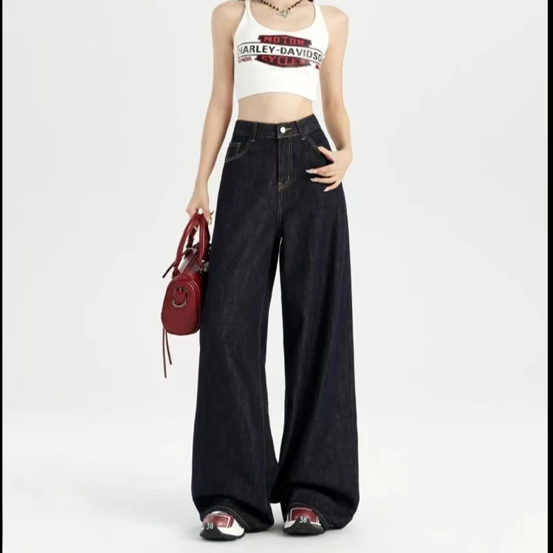早秋爆款防褪色丹宁牛仔美式复古高腰宽松百搭显瘦阔腿拖地裤子女