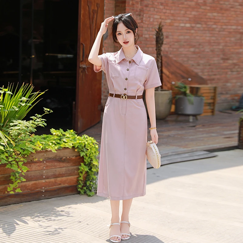 2025夏季新款POLO领单排扣高腰收腰显瘦中长款连衣裙气质减龄裙子