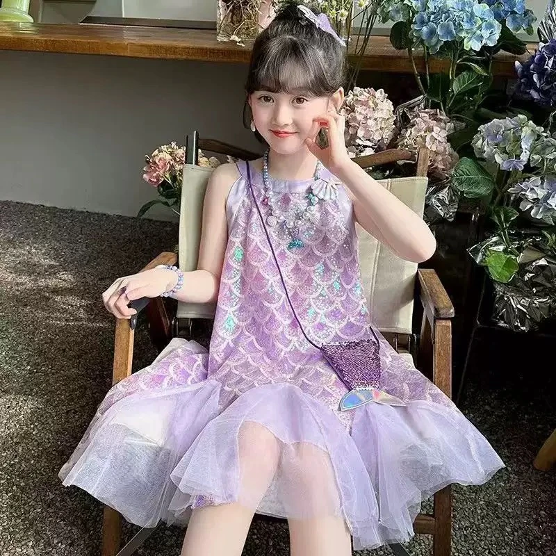 2025新款女童网红夏季背心裙美人鱼挂脖公主裙网纱时髦拼接连衣裙