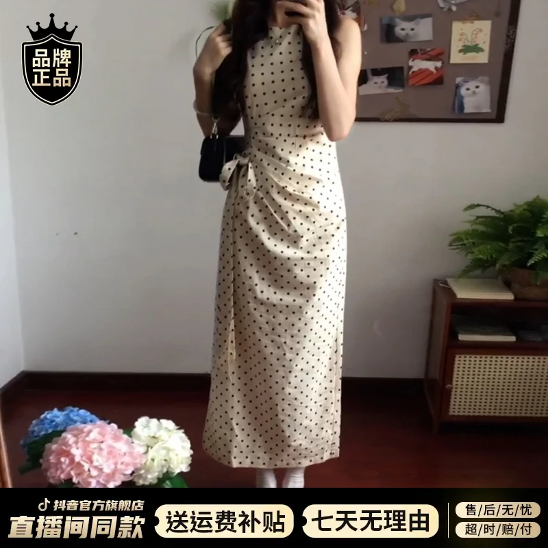 韩系杏色无袖波点连衣裙子女夏季2025新款海边度假高级感洋气长裙