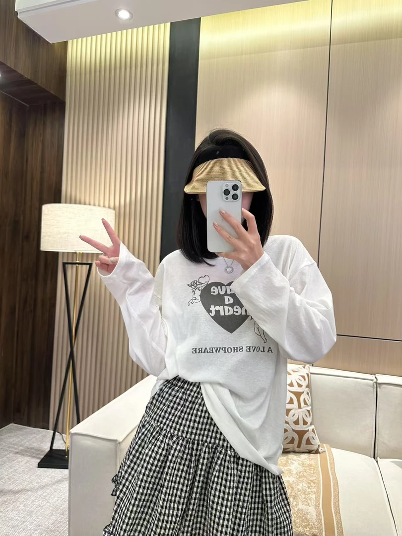 爱心 长袖白色休闲百搭宽松印花圆领韩版T恤