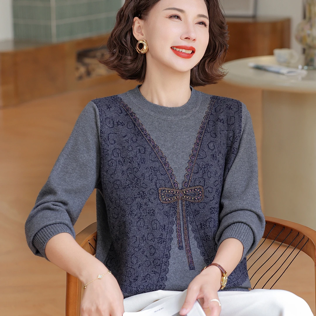 妈妈春秋薄款毛衣打底衫中老年女秋装洋气质时尚针织小衫外穿上衣
