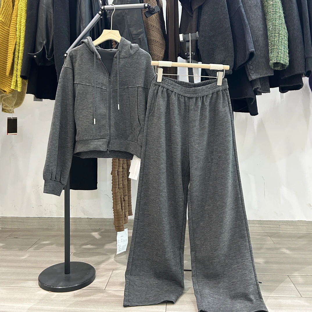 磨毛针织条纹松弛感开衫卫衣搭配阔腿休闲裤套装