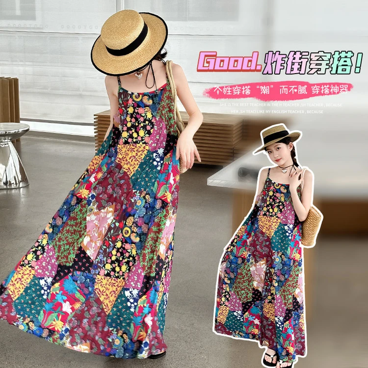 夏季新款复古港风吊带连衣裙女宽松显瘦设计感碎花吊带裙拖地长裙