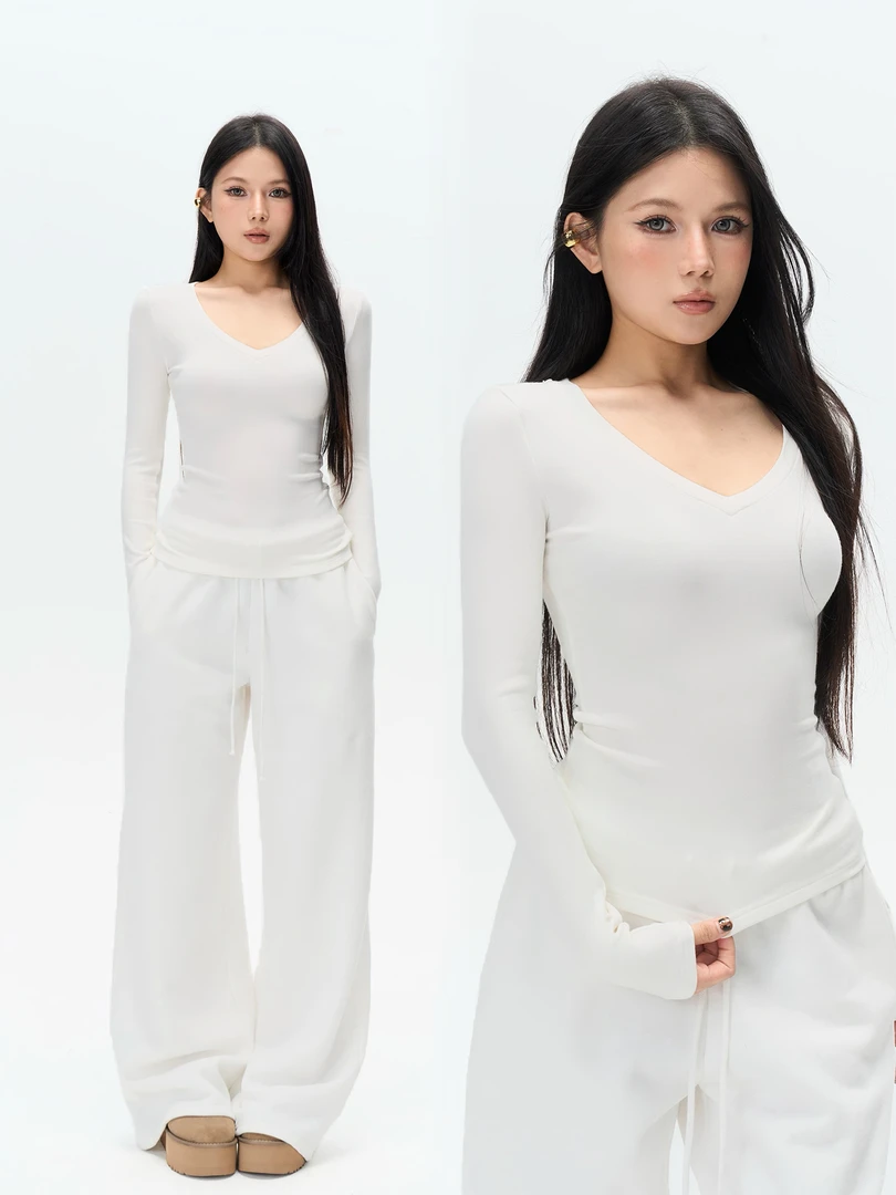 【加绒保暖冬季长裤】加绒保暖简约白色长款抽绳束腰带阔腿卫裤