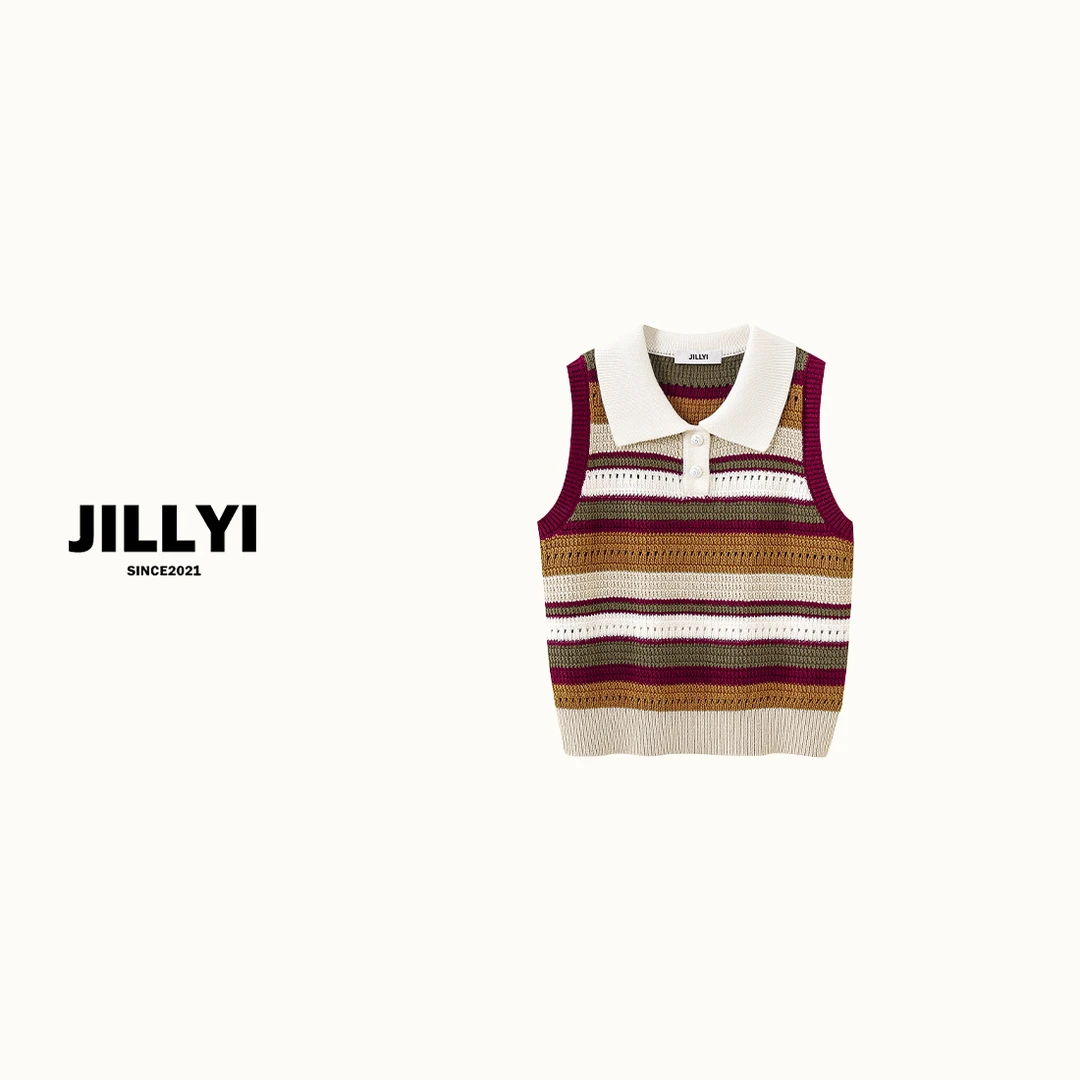 JILLYI珠海店【格雷撞色】多彩横条纹POLO领夏季风采百搭时尚针织衫