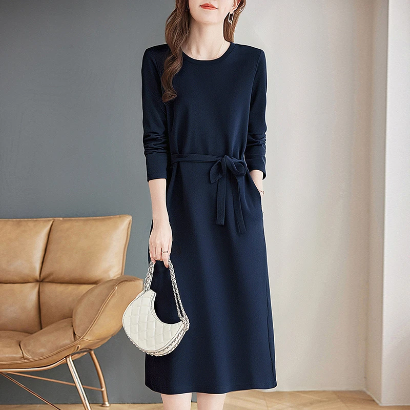 芳妮诗时尚收腰长袖连衣裙2025秋季新款大码女装休闲直筒A字裙子