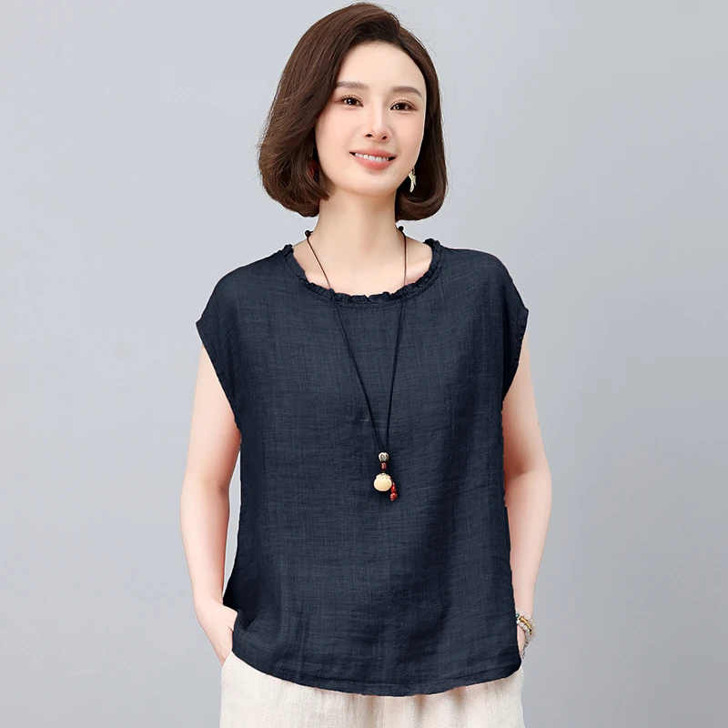 苎麻衬衫木耳领后背开衫设计感夏季新款2025年休闲短袖百搭衬衣女