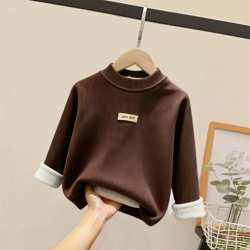 2025秋冬季儿童加绒加厚男童女童德绒打底衫T恤半高领一体绒上衣