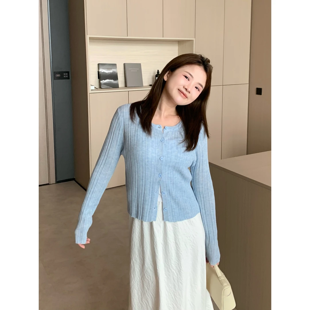 YO定制春季气质温柔薄款竖条肌理针织开衫百搭显瘦短款外搭上衣