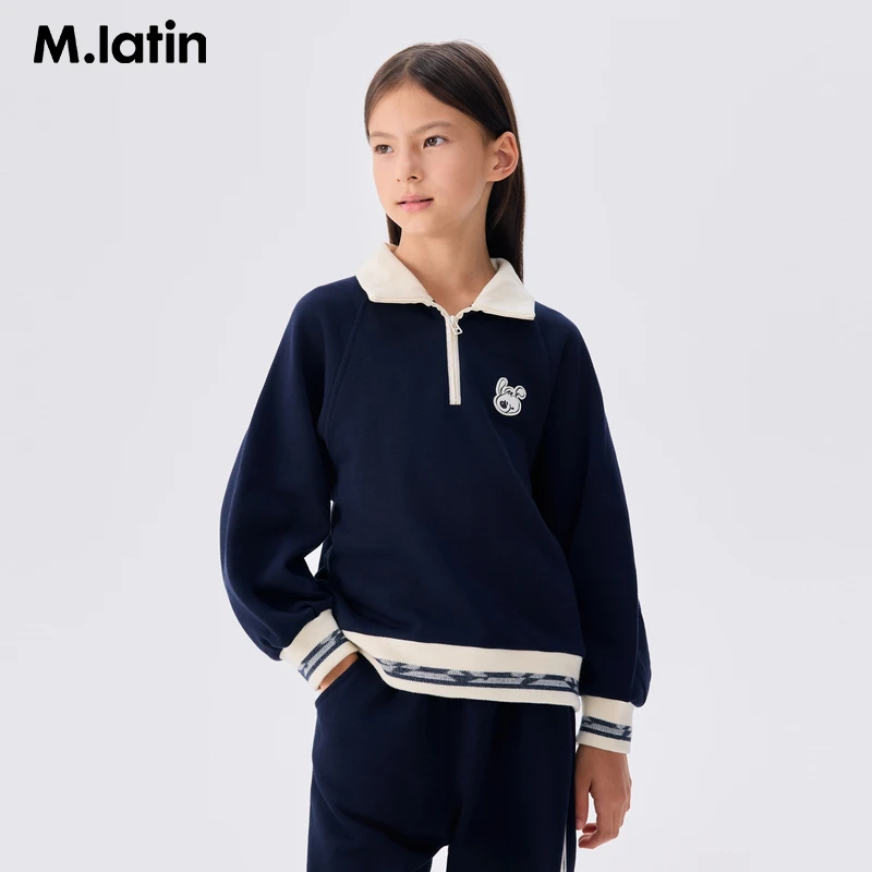 马拉丁童装卫衣25春装新款女大童复古撞色提花潮流学院立领卫衣