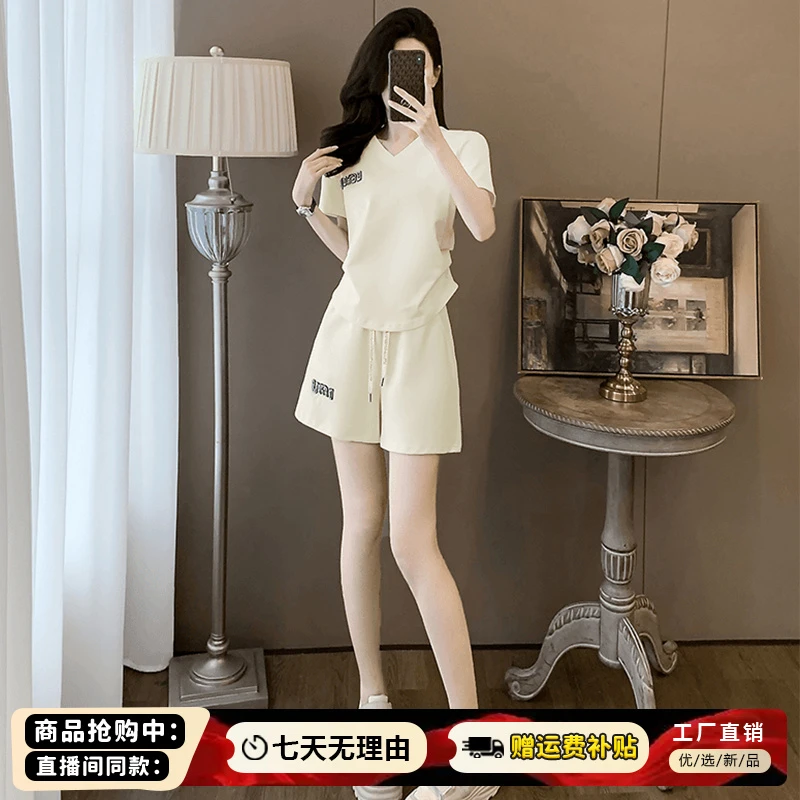 高含棉休闲运动服套装女2025年夏季新款时尚减龄短袖短裤两件套
